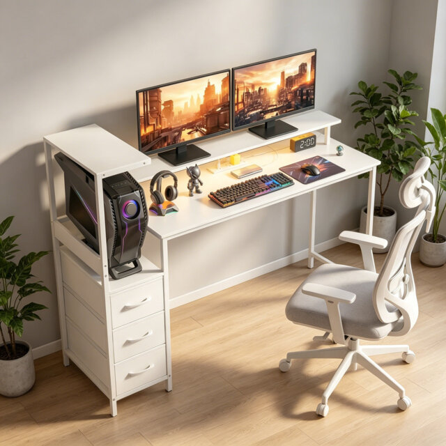 Gaming Desk with RGB Lights, Charging Station & Monitor Stand