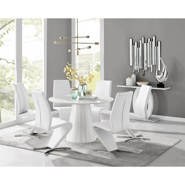 Edzard Statement Pedestal Round Dining Table Set & 6 Luxury Velvet Dining Chairs