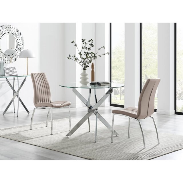 Tierra Modern Chrome Metal & Glass Round Dining Table Set with 2 Soft Touch Faux Leather Chairs