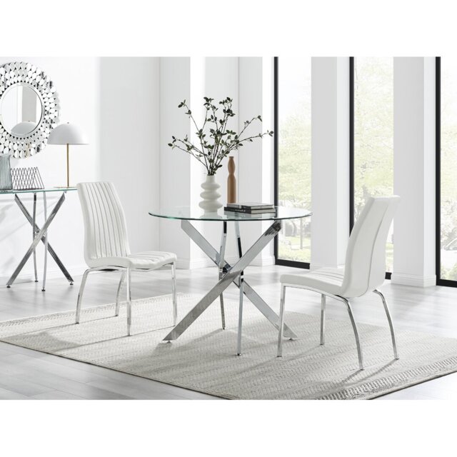 Tierra Modern Chrome Metal & Glass Round Dining Table Set with 2 Soft Touch Faux Leather Chairs