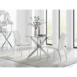 Tierra Modern Chrome Metal & Glass Round Dining Table Set with 2 Soft Touch Faux Leather Chairs