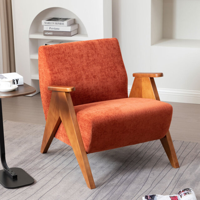 Kyajah Chenille Upholstered Accent Armchair with Solid Wood Arms and Legs