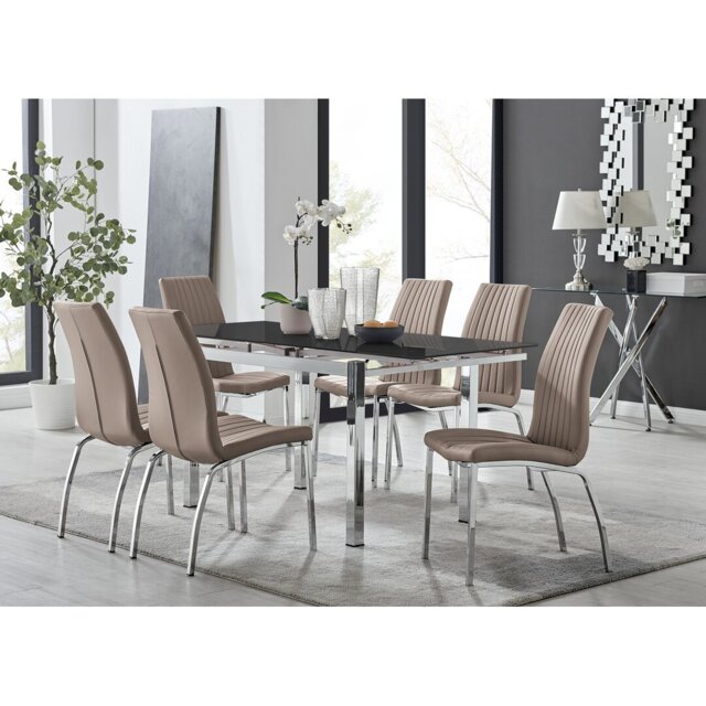 Tierra Modern Glass & Metal Extendable Dining Table Set & 4 Luxury Faux Leather Dining Chairs