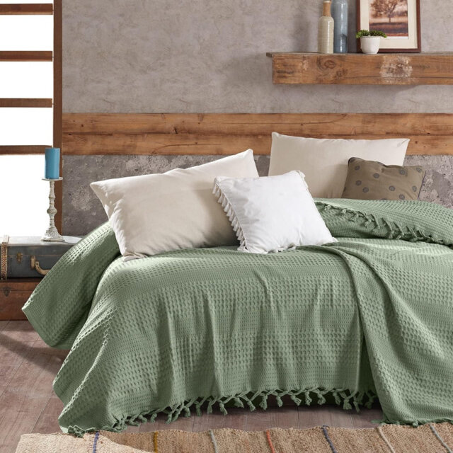 Sage Green Throw Blanket Cotton Bedspreads King Size 220 x 240 cm