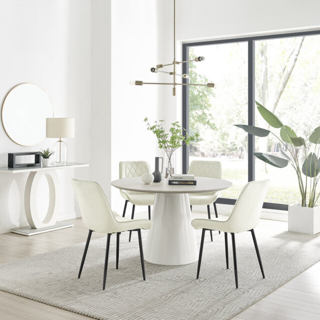 Edzard Statement 4 Person Round Dining Table Set in Luxury Stone Effect - Velvet Dining Chairs