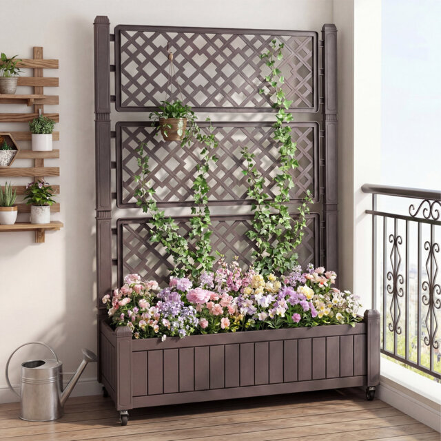 Raised Garden Bed With Lattice Trellis Mobile Planter Boxes With Drainage Plug & Gauge