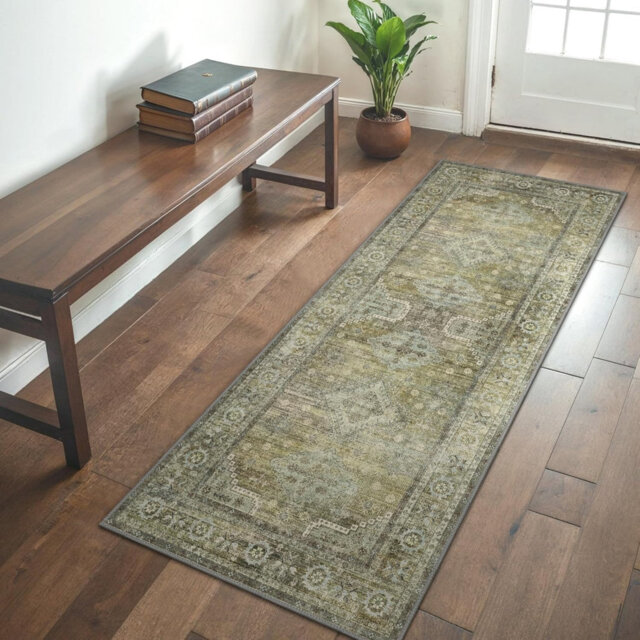 Washable Vintage Rug Runner 80 x 150cm Non-Slip Thin Carpet with Floral Print Sage Green