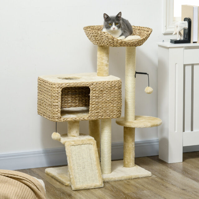 Cat tree 98cm cat scratching post with 2 bed surfaces, play ball for cats up to 6kg