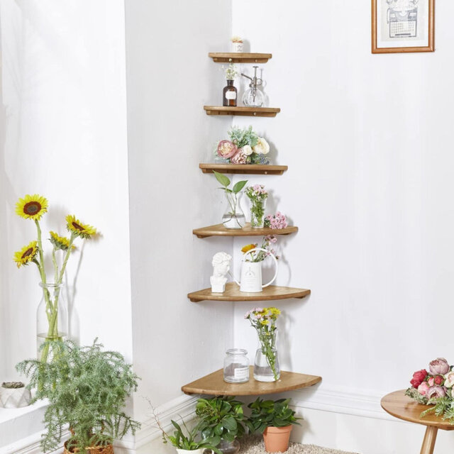 Corner Shelf, Oak Wood Floating Corner Shelf Wall Mount Round End Floating Speaker Shelf With Wire Hole Shelf For Small Plant Photo Frame For Bedroom