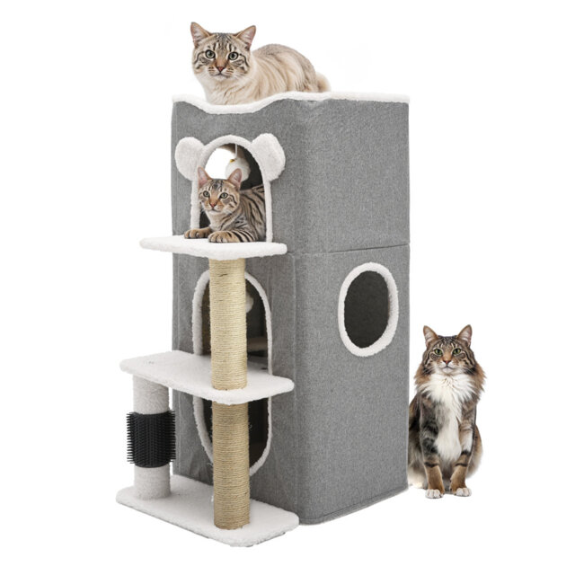 Cat Cave Bed with Scratching Post, Ball Toy & Platform,Grey
