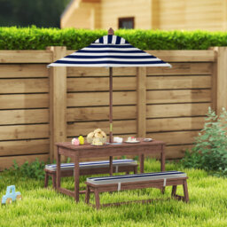 AIYAPLAY Kids Picnic Table with Removable Umbrella, Cushions, Navy Blue