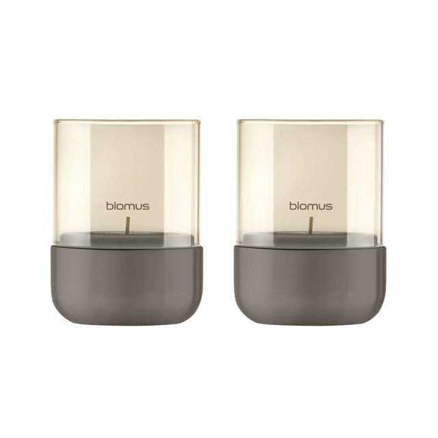 Blomus Set of 2 Calma Tealight Holder XS - Stainless Steel Matt/Glass Smoke