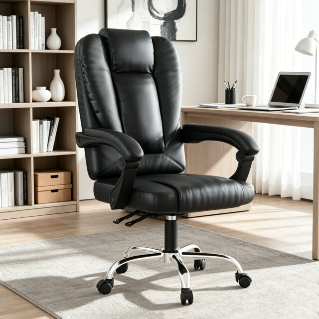 Mid-Back PU Leather Swivel Office Chair, Executive Chair with Adjustable Lumbar Support, Soft Padded Armrests