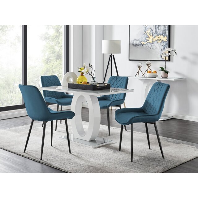 Scottsmoor Modern High Gloss & Glass Dining Set - 4 Luxury Velvet Mid-Century Upholstered Chairs