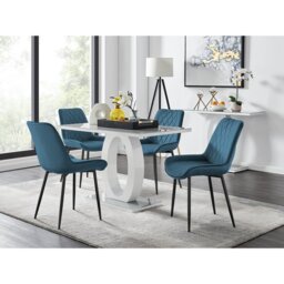 Scottsmoor Modern High Gloss & Glass Dining Set - 4 Luxury Velvet Mid-Century Upholstered Chairs
