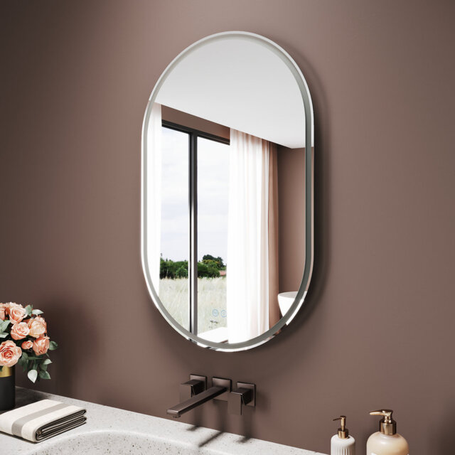 Oval White Metal LED Bathroom Mirror, Front Frosted Edges, Anti-Fog, Touch Stepless Dimming with Pow