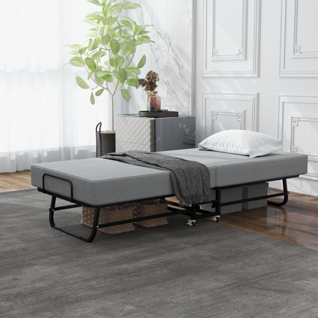 Folding Bed With Mattress, Portable Fold Up Bed For Adults, Space Saving Foldable Single Guest Bed On Wheels, 6Cm Thick Memory Foam Mattress And Metal