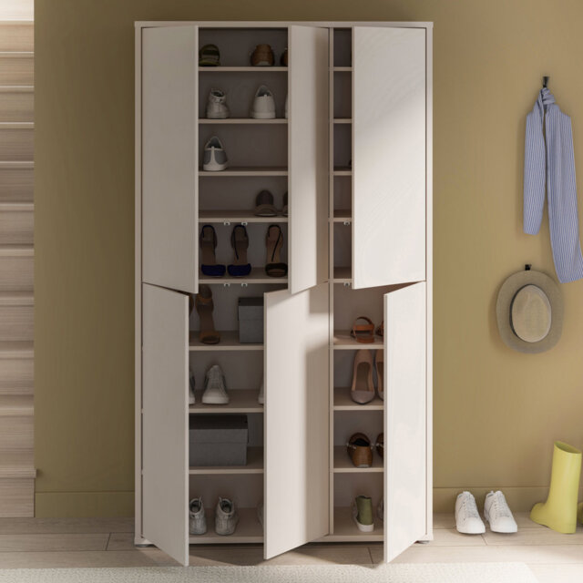 Modern minimalistic shoe cabinet with 6 doors, entryway cabinet, engineered wood, beige, 109.2 cm W x 191.9 cm H x 34.9 cm D