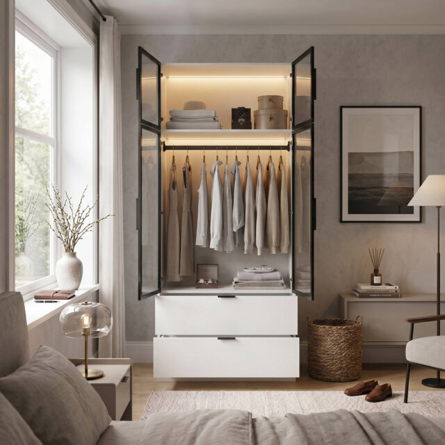 220cm Tall High Gloss Wardrobe with LED & Grey Glass Doors - 90cm Wide 2-Drawer Storage