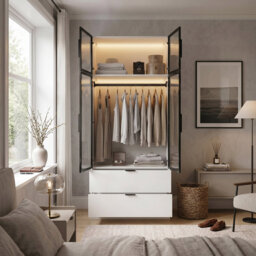 220cm Tall High Gloss Wardrobe with LED & Grey Glass Doors - 90cm Wide 2-Drawer Storage