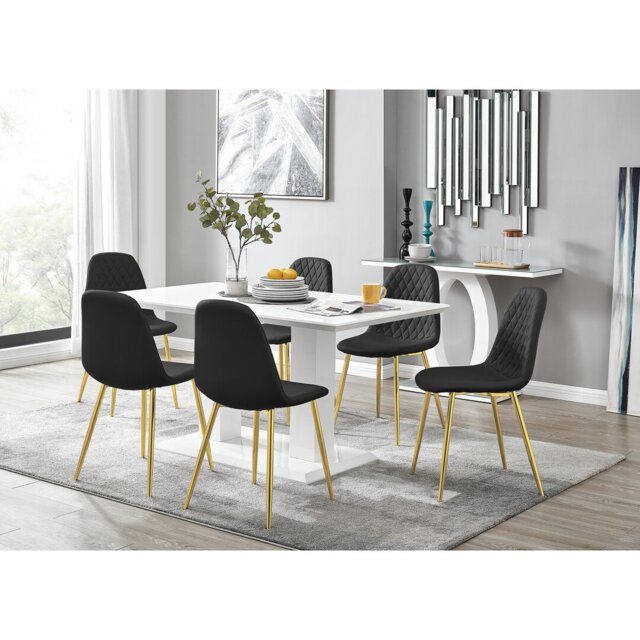 Edzard Double Pedestal High Gloss Dining Table Set with 6 Luxury Faux Leather Dining Chairs
