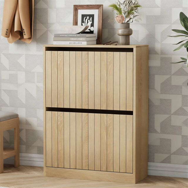 2-Tier Wooden Drawer Shoe Cabinet Artistic Shoe Storage Cupboard, Freestanding Storage Organizer For Hallway & Indoor Use