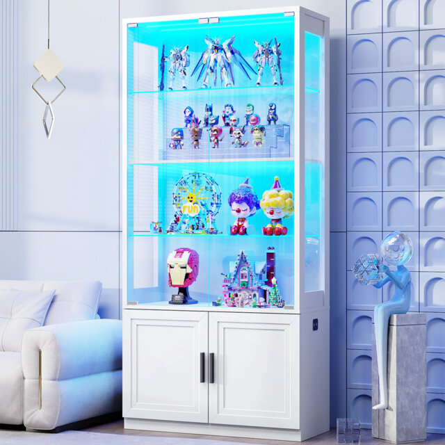 "67"" Display Cabinet with Glass Doors, 4-Tier Curio Cabinet with 2 Removable Glass Shelves"