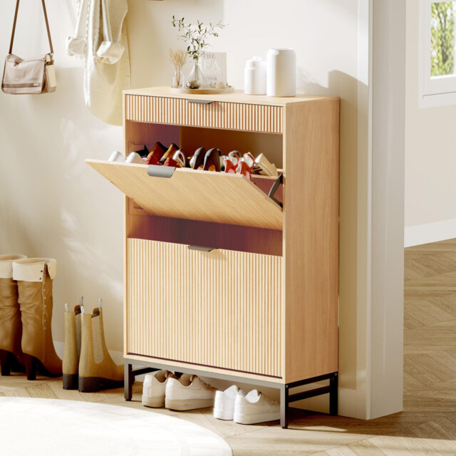 Flip‑Drawer Freestanding Farmhouse Narrow Shoe Storage Cabinet, Oak Finish Fluted Shoe Organizer 75 x 23.8 x 113cm for Entryway
