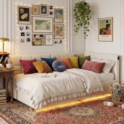 EU & UK Single Ottoman Daybed, Velvet Upholstered Sofa Bed with RGB LED Lights & USB/Type-C Charging, Grey/Cream