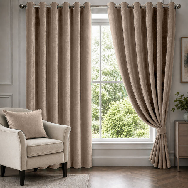 Beige Velvet Eyelet Curtains Room Darkening Window Panels Soft Touch Pair