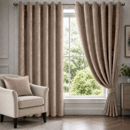 Beige Velvet Eyelet Curtains Room Darkening Window Panels Soft Touch Pair