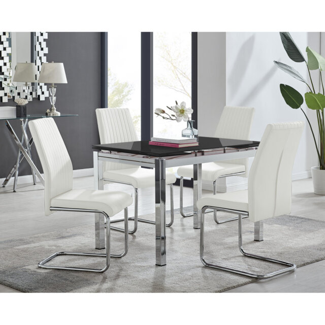 Tierra Modern Glass & Metal Extendable Dining Table Set & 4 Luxury Faux Leather Dining Chairs
