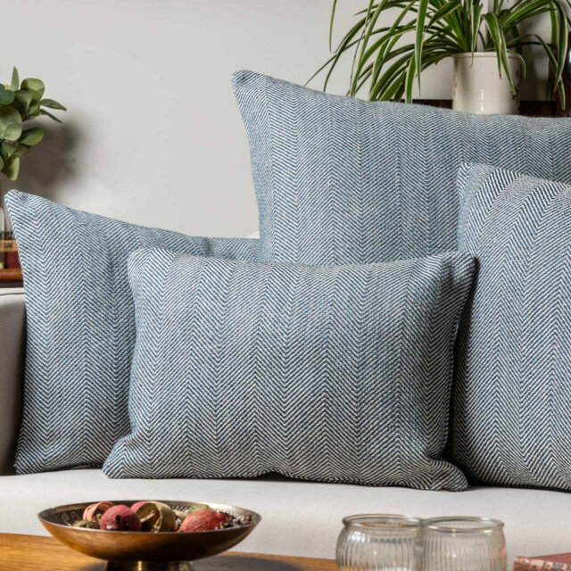 Faux Wool Linen Blend Herringbone Cushion in Navy Blue
