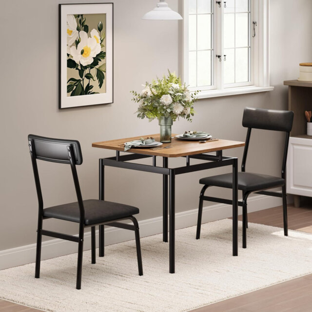 3 Piece Dining Square Table Set Modern Wood Kitchen Table With 2 Upholstered for Small Space, Apartment, Home Office Black
