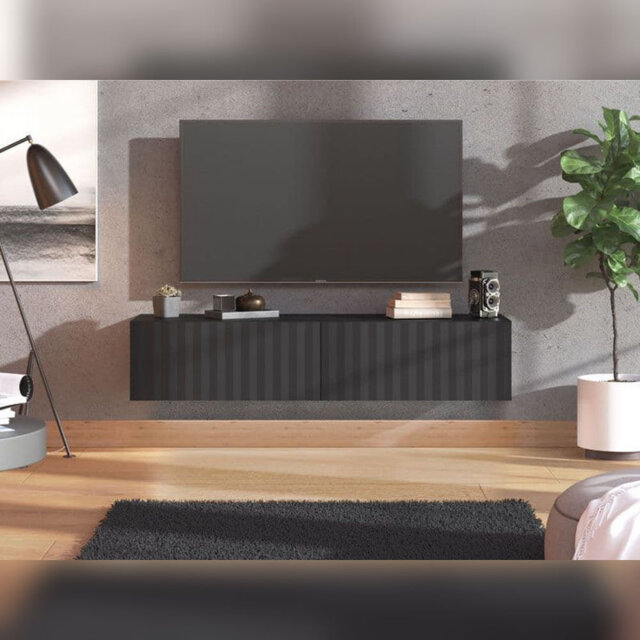 Oasis Tv Stand Cabinet Wall Mounted Floating Entertainment Unit Modern With Black Slat Effect  154cm Wide