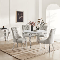 Bilche Round White Marble Glass & Metal Table With Eubanks Velvet Knockerback Dining Chairs