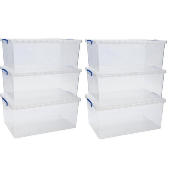 Saffi 55L Heavy Duty Clear Plastic Storage Box with Lid & Wheels Stackable Storage Container Pack of 6