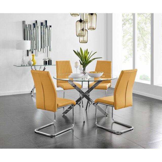 Tierra Modern Chrome Metal & Glass Round Dining Table Set with 4 Upholstered Faux Leather Chairs