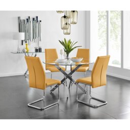 Tierra Modern Chrome Metal & Glass Round Dining Table Set with 4 Upholstered Faux Leather Chairs