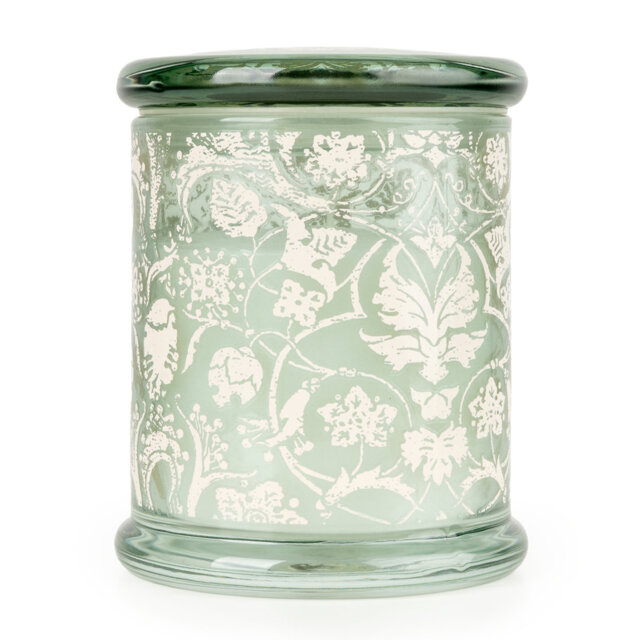 12cm Glass Candle Jacquard Sage Green With Lid And 5% Relaxing Eucalptus Scent
