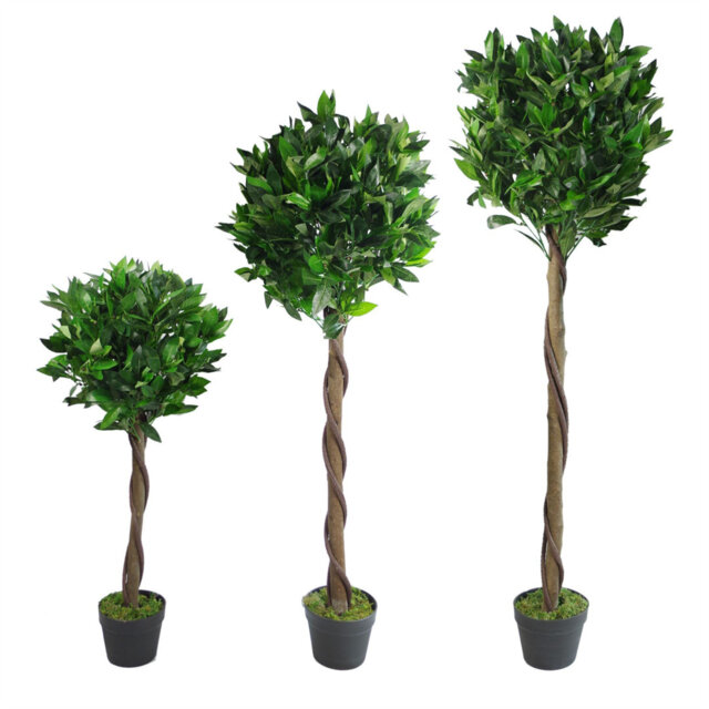 90cm Leaf Design UK Artificial Bay Laurel Topiary Ball Tree Real Wood Trunk