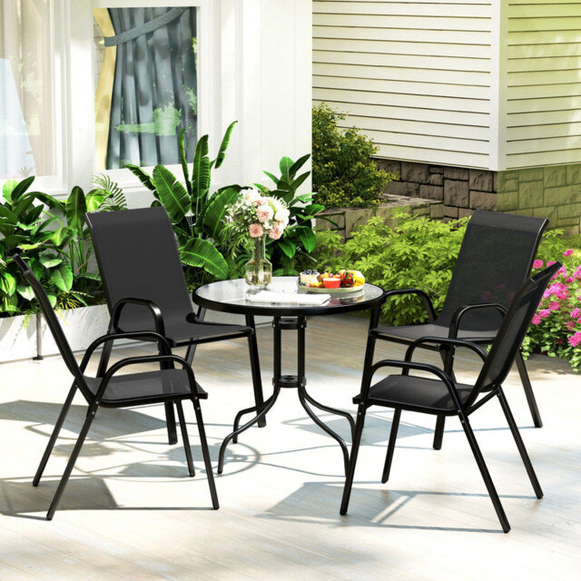 Outsunny 5-Piece Steel Patio Set with Dark Grey Glass-Top Table - Durable Outdoor Dining Furniture for Garden or Backyard