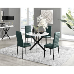 Tierra Modern Chrome Metal & Glass Round Dining Table Set with 4 Quilted Velvet Chairs