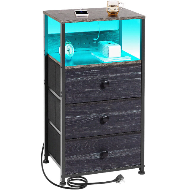 39cm W LED Bedside Table with 3 Drawers, AC Outlets and USB Ports