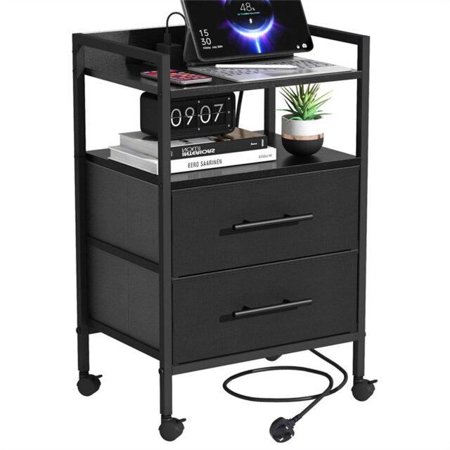 Bedside Table With Charging Station Nightstand With 2 Outlets And 2 USB Ports With 4 Castors