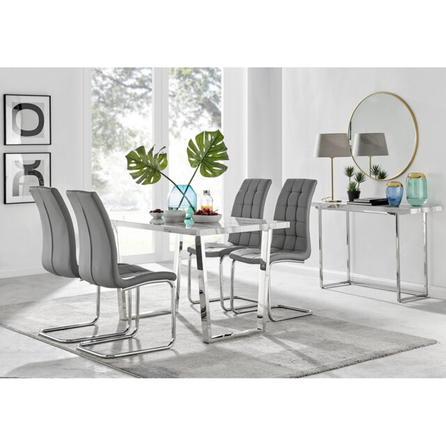 Kylooe Modern Marble Effect And Silver Dining Table Set With 4 Modern Faux Leather Chairs