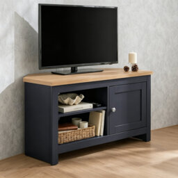 Blue Corner TV Unit for TVs Up to 40 Inch, Oak Effect Top Entertainment Cabinet with Adjustable Shelves & Soft Close Door, Storage TV Stand for Living