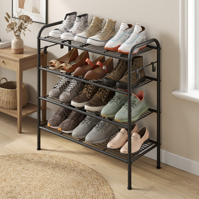 4-Tier Metal Shoe Shelf, Adjustable Shoe Rack with Side Hooks, Shoe Organiser for Entryway or Closet, Black