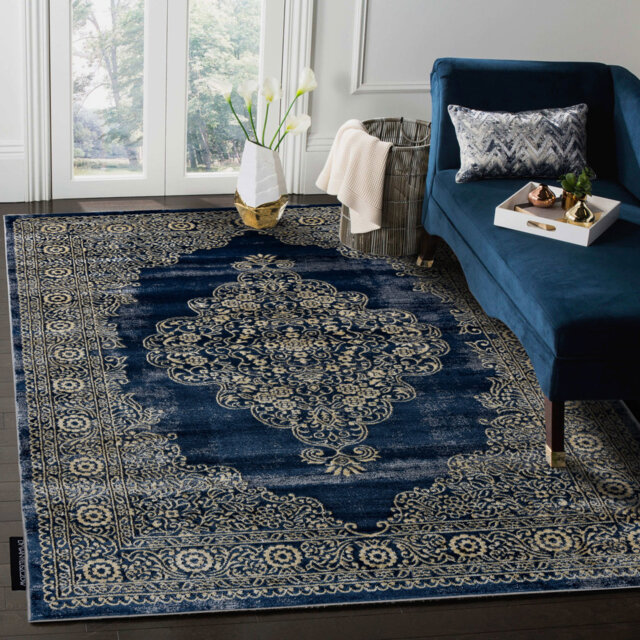 Modern DE LUXE rug for the living room, bedroom or ornament - textured dark blue / gold