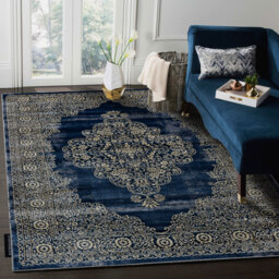 Modern DE LUXE rug for the living room, bedroom or ornament - textured dark blue / gold